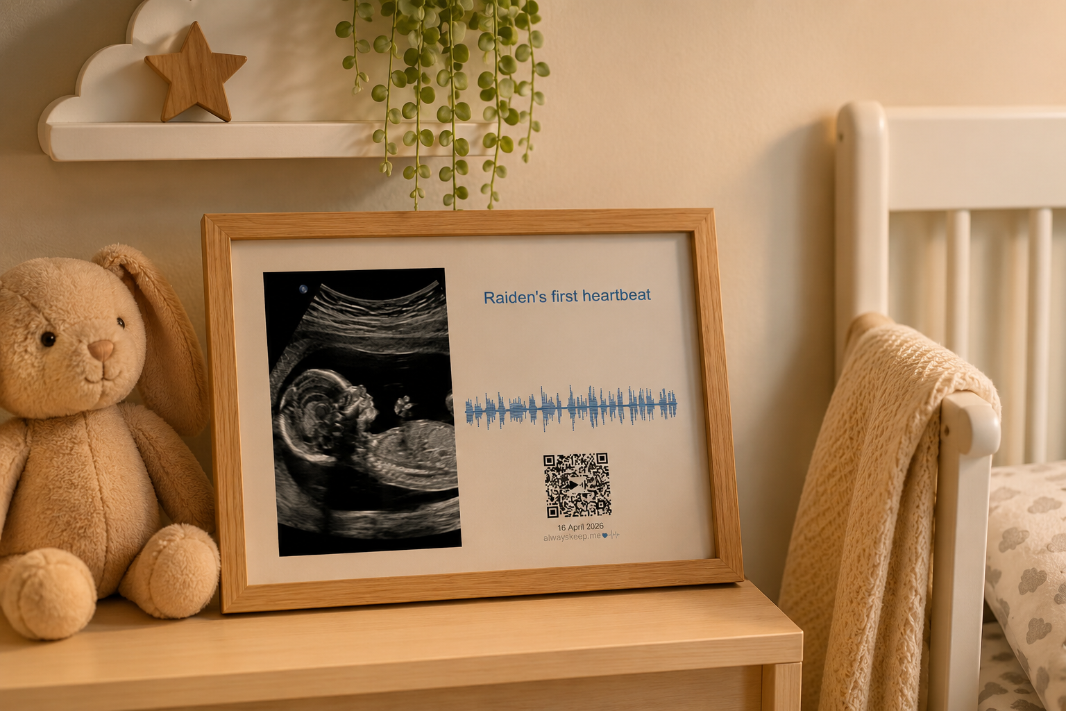 Raiden's heartbeat voice keepsake framed on a nursery shelf beside a soft bunny toy