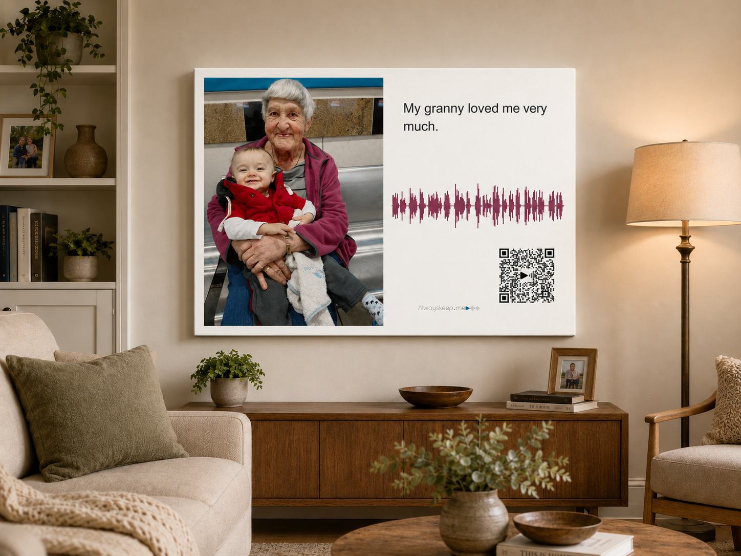 Grandmother holding her grandchild, printed as a voice keepsake with a scannable QR code