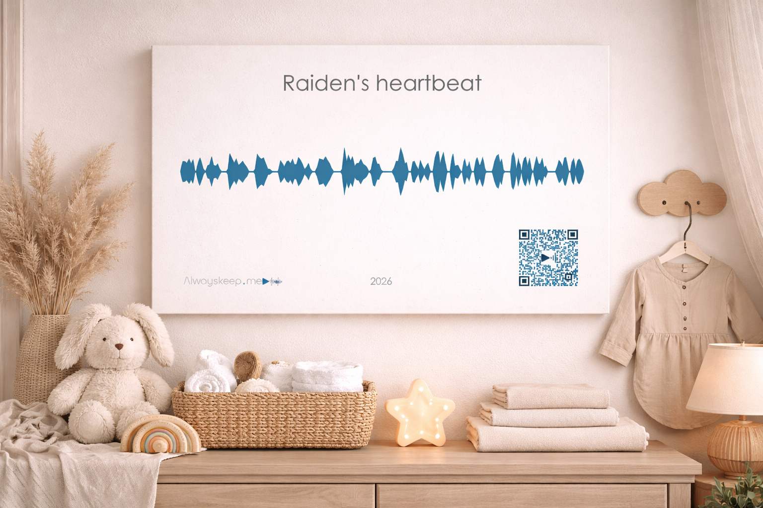 Raiden's heartbeat voice keepsake framed on a nursery shelf beside a soft bunny toy and wooden beads
