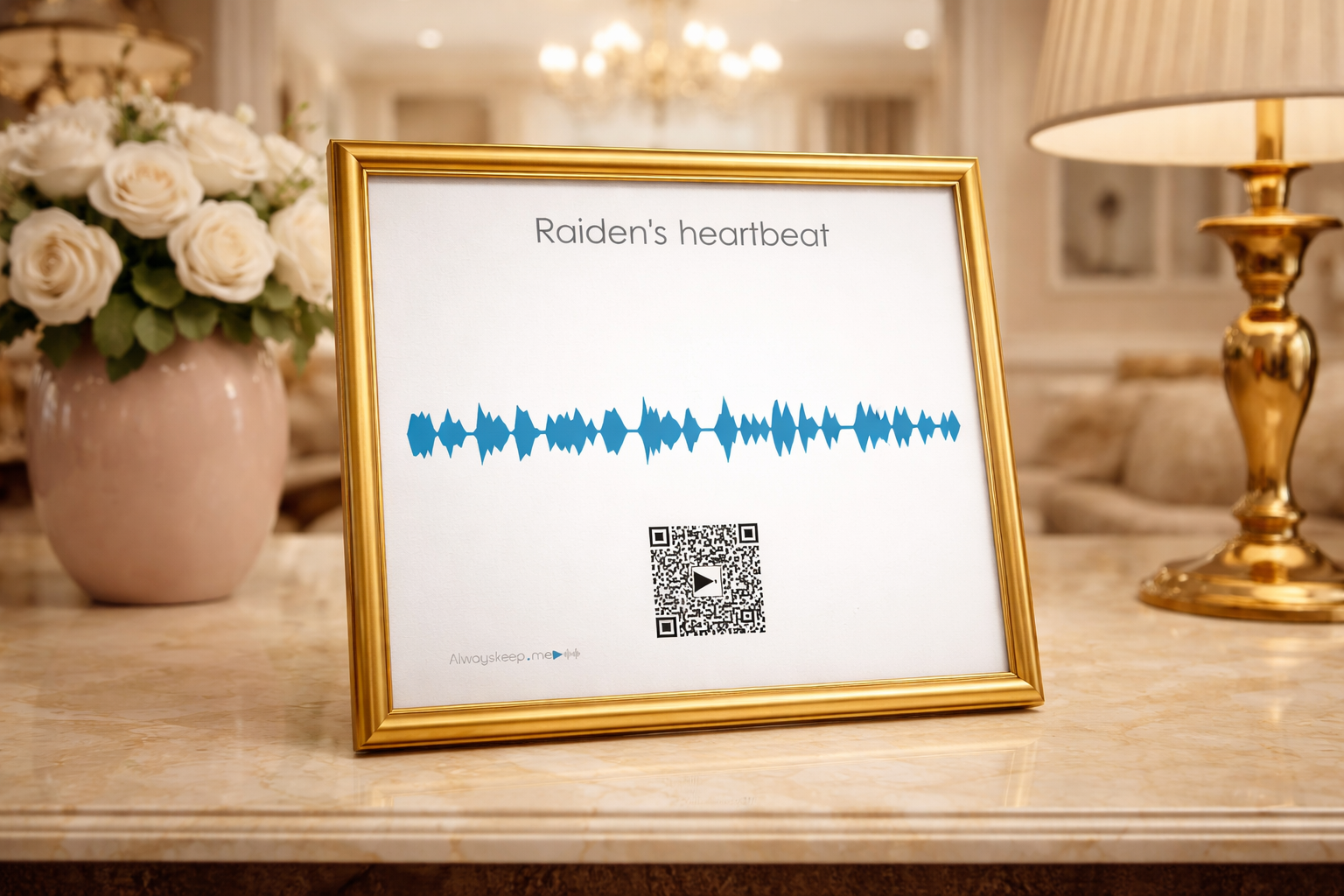 Raiden's heartbeat voice keepsake hung in a nursery room beside macramé decor, a basket and baby clothes